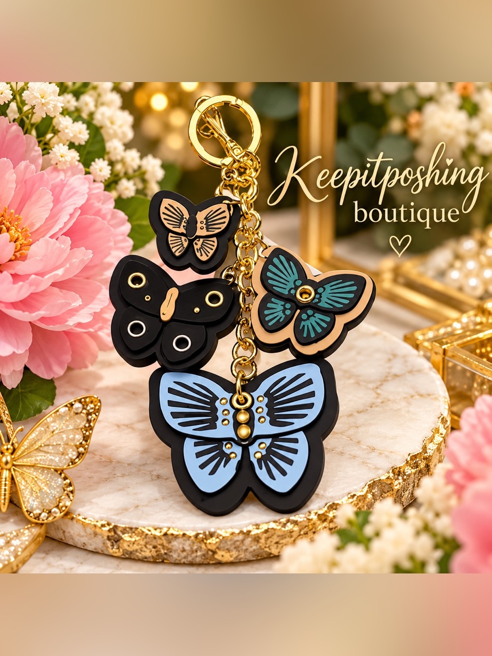 Butterfly Charm Keychain - Blue, Black & Tan